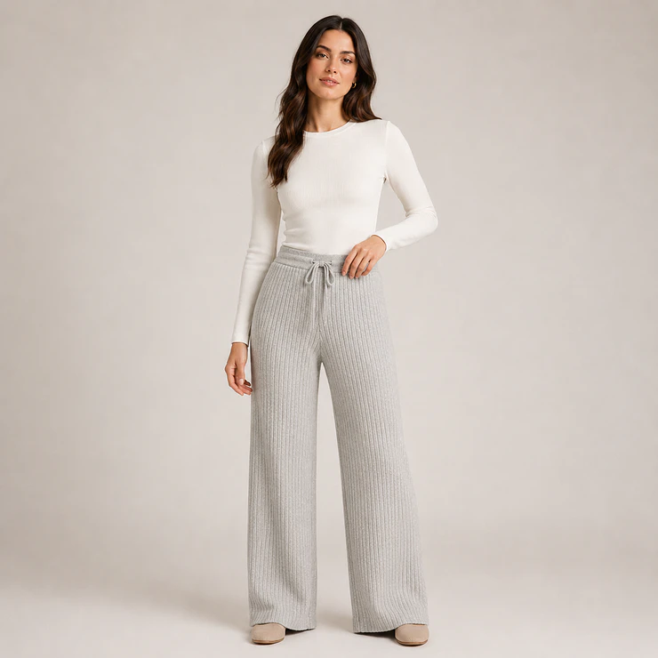 Pantalón Wide Leg Tejido Acanalado Forrado Mujer 2