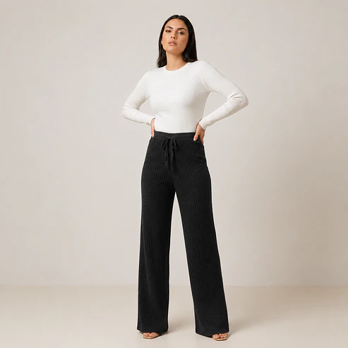 Pantalón Wide Leg Tejido Acanalado Forrado Mujer 3