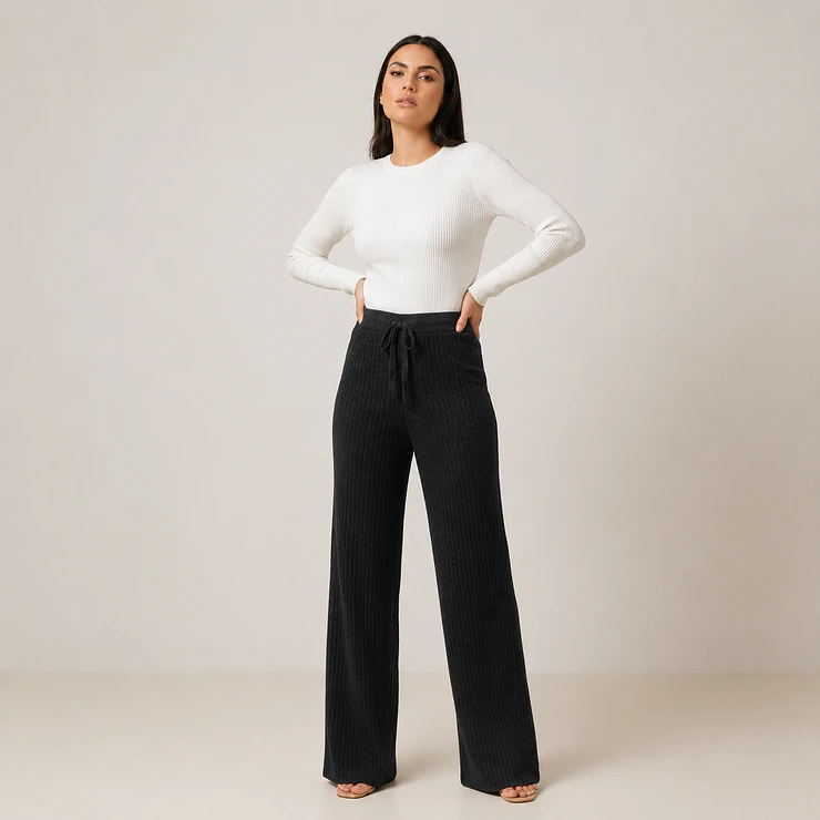 Pantalón Wide Leg Tejido Acanalado Forrado Mujer 3
