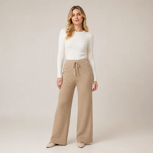 Pantalón Wide Leg Tejido Acanalado Forrado Mujer 4