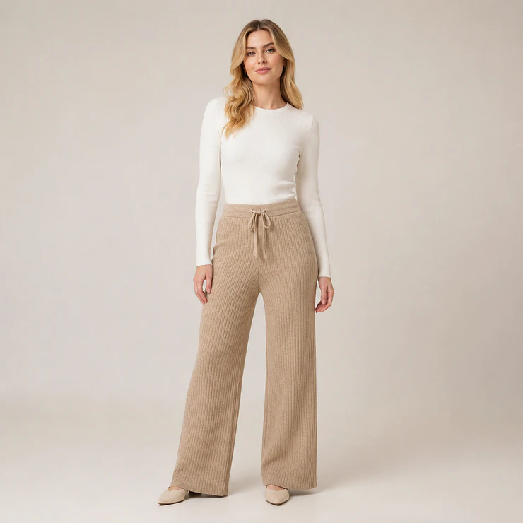 Pantalón Wide Leg Tejido Acanalado Forrado Mujer 4