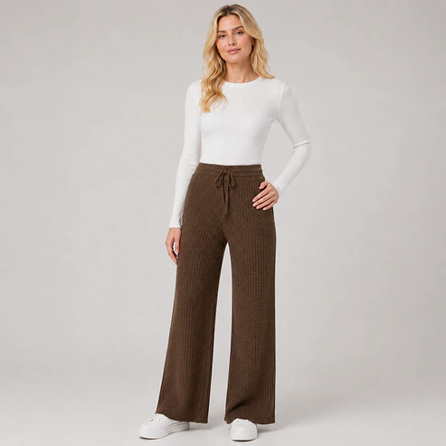 Pantalón Wide Leg Tejido Acanalado Forrado Mujer 5