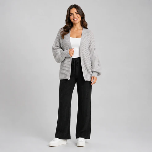 Pantalón Wide Leg Tejido Acanalado Forrado Mujer 6