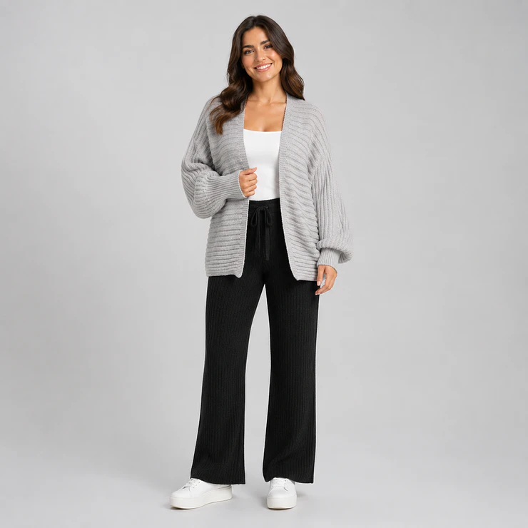 Pantalón Wide Leg Tejido Acanalado Forrado Mujer 6