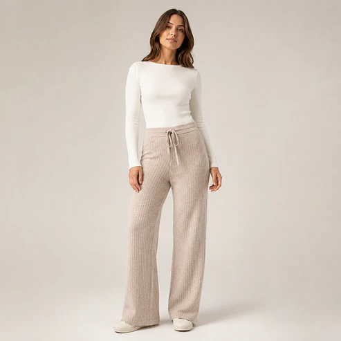 Pantalón Wide Leg Tejido Acanalado Forrado Mujer 7
