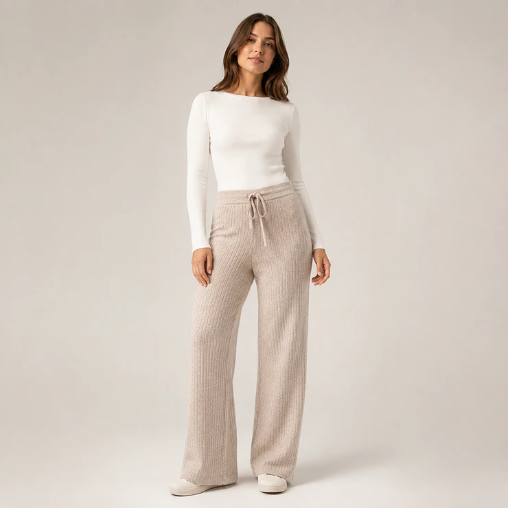 Pantalón Wide Leg Tejido Acanalado Forrado Mujer 7