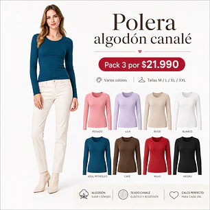 Pack 3 Polera Básica Algodón Canalé