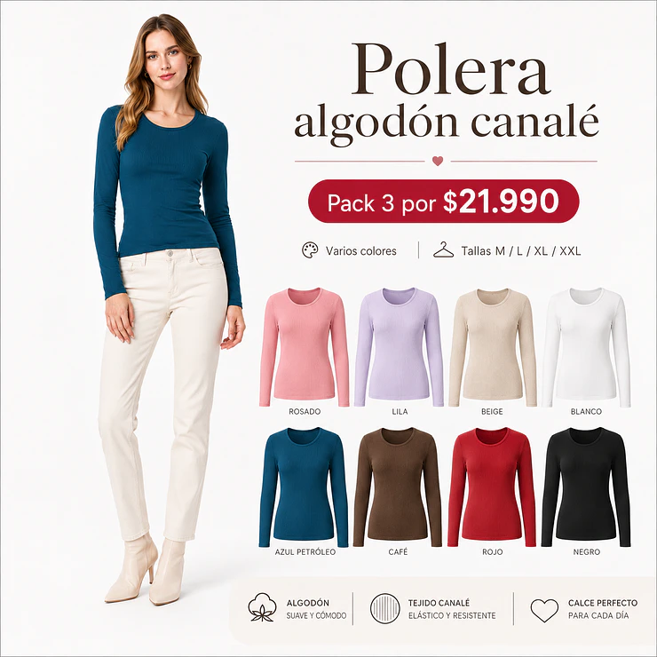 Pack 3 Polera Básica Algodón Canalé 1