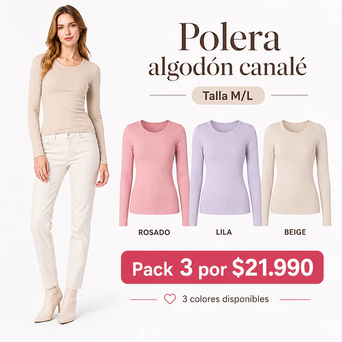Pack 3 Polera Básica Algodón Canalé 4