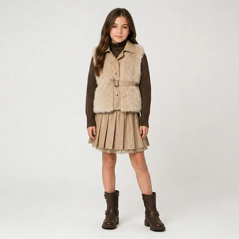 Conjunto Infantil Elegance  3 Piezas con Abrigo Faux Fur