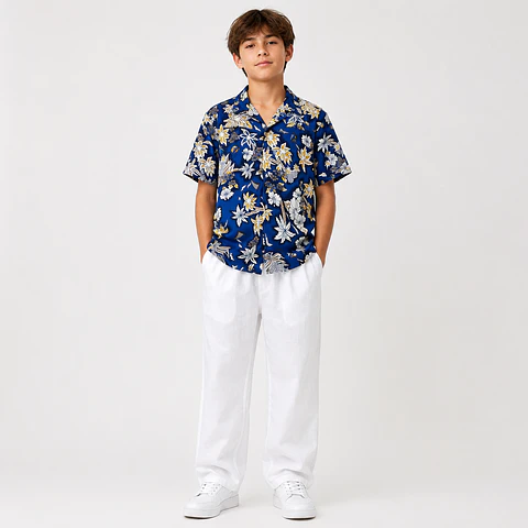 Conjunto Tropical Juvenil – Camisa Estampada + Pantalón Blanco