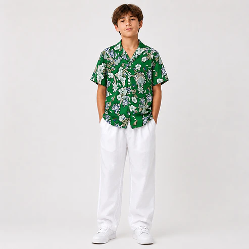 Conjunto Tropical Juvenil – Camisa Estampada + Pantalón Blanco 2