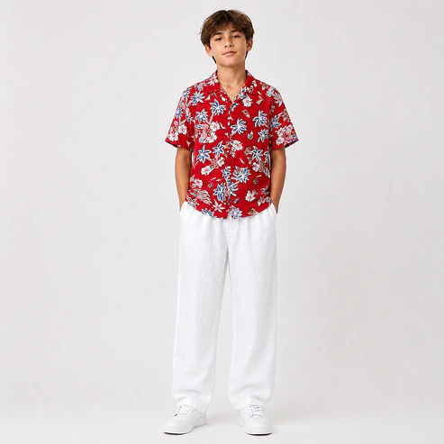 Conjunto Tropical Juvenil – Camisa Estampada + Pantalón Blanco 3