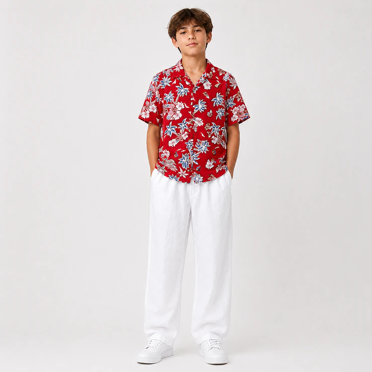 Conjunto Tropical Juvenil – Camisa Estampada + Pantalón Blanco 3