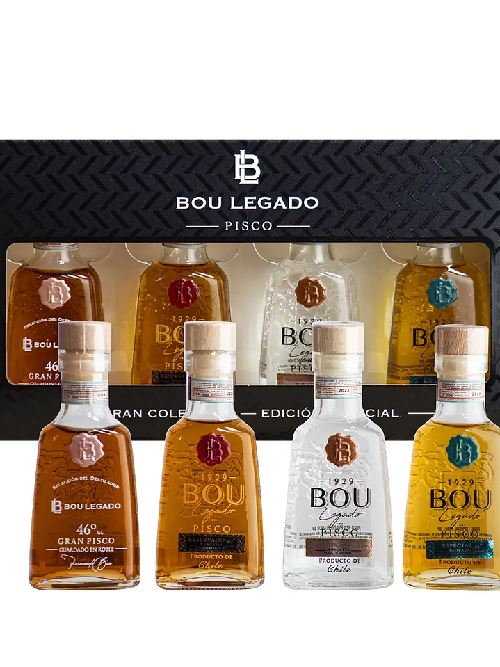 PACK GRAN SELECCIÓN MINIATURAS PISCO BOU LEGADO X 4 50 ml botellas de vidrio. 1