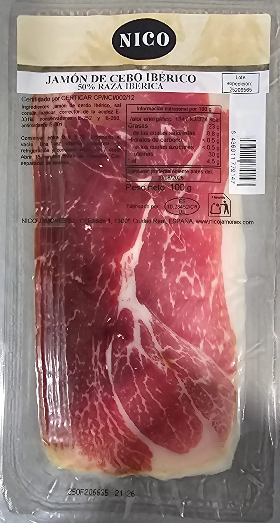 Jamón de cebo ibérico 100 g Nico 1