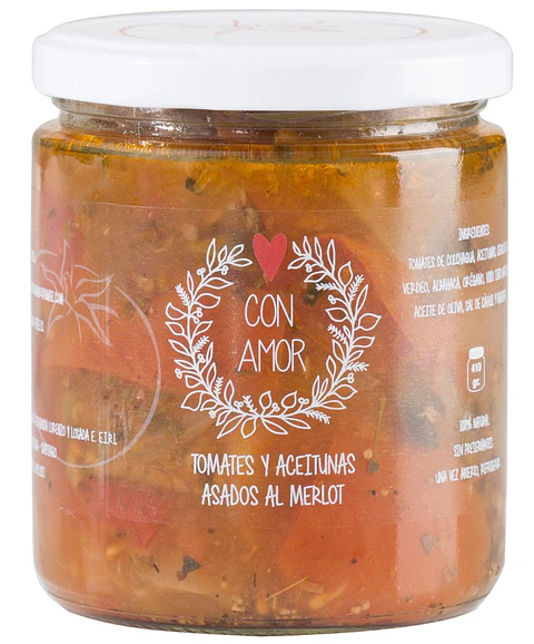 Tomates y aceitunas asados al Merlot grande Con Amor