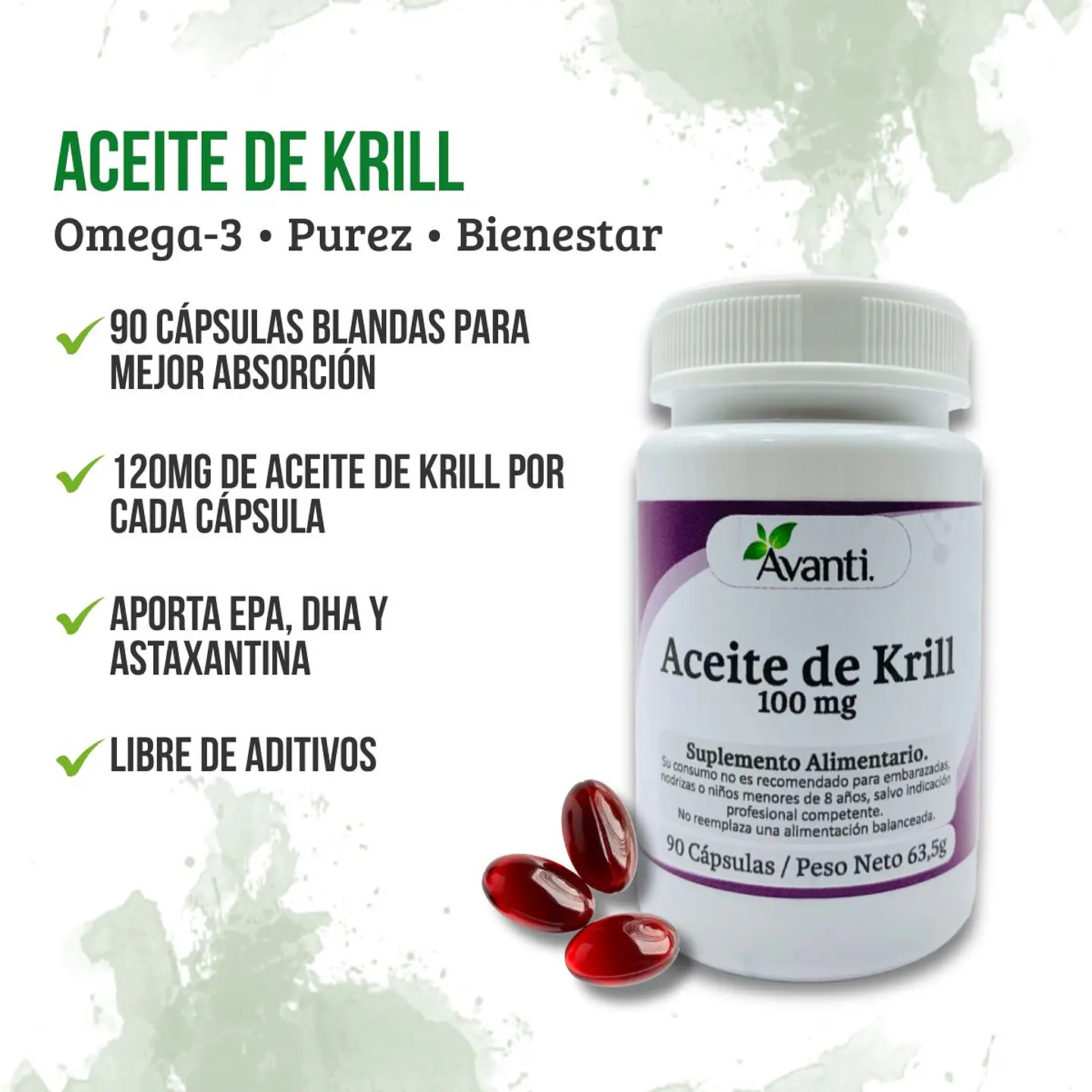 Aceite de Krill 100mg, 90 cápsulas blandas. Avanti 3