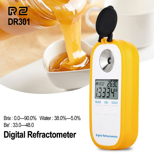 Refractometro Digital 0 ~ 90% Brix, Water: 38.0 ~ 5.0%, Be': 33.0 ~ 48.0,  R2 DR301, Bateria AAA