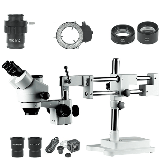 Microscopio Stereo 3.5X-90X, Camara 8MP, Zoom, Simulfocal, Stand + Boom + LED 144 BA-010T