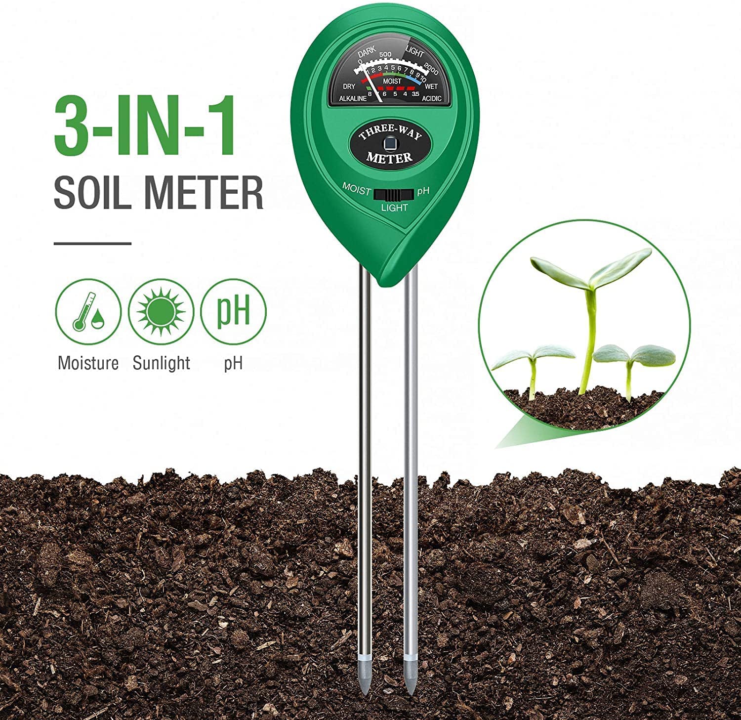 Medidor de humedad de suelo, probador de pH de suelo 3 en 1
