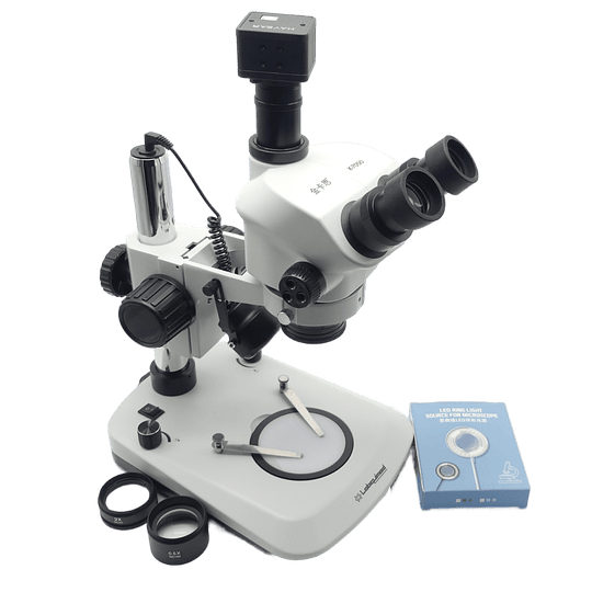 Microscopio Stereo Trinocular 3.5x-100x Zoom Incluye Cámara 5MP, Led Transmitida e incidente , Barlow 0.5x - 2.0x, Simul Focal, Model TB