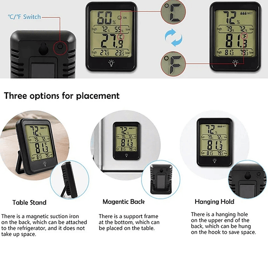 Termómetro de habitación con higrómetro digital LCD con imán de soporte, Modelo T2