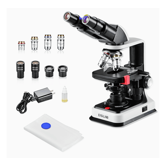 Microscopio Binocular 40×2500×, Platina Mecánica Doble, Iluminación LED, Alimentación Dual