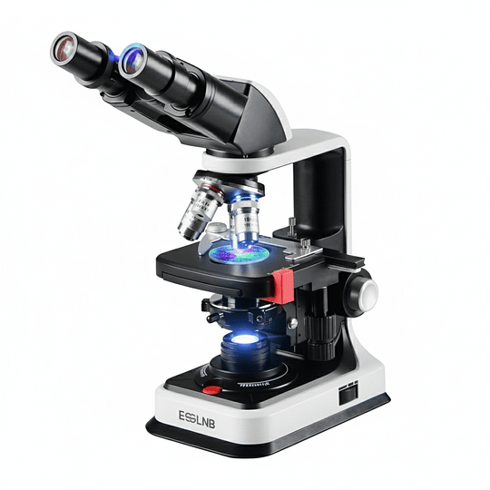 Microscopio Binocular 40×2500×, Platina Mecánica Doble, Iluminación LED, Alimentación Dual
