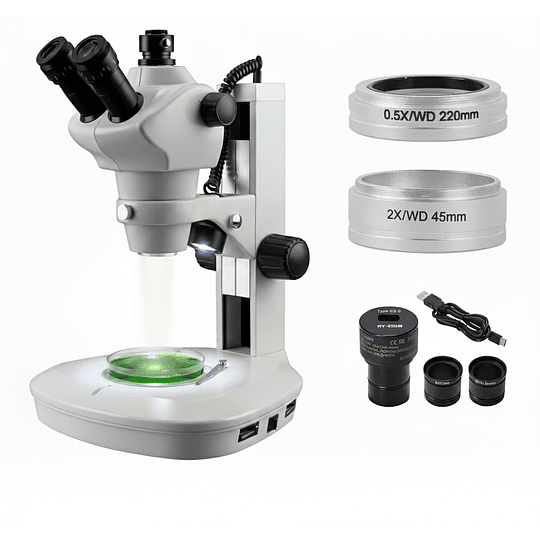 Microscopio Stereo Camara 4MP, Trinocular 4x-100x, Avanzado, Profesional, Zoom, Led Transmitida e incidente, Barlow 0.5x - 2.0x, Simul Focal, Model ST-1T
