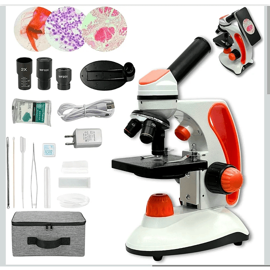 Microscopio Monocular Duo Educacional 40X-2000X, Bolso, cuerpo de metal, con kits y accesorios.