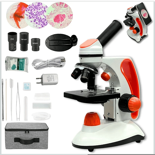 Microscopio Monocular Educacional 40X-2000X, Bolso, cuerpo de metal, con kits y accesorios.