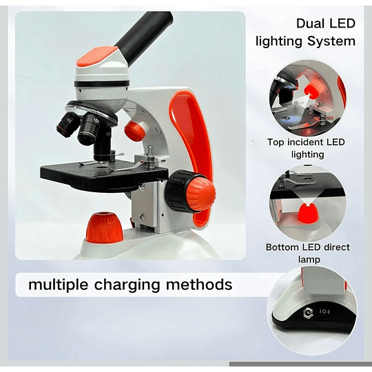 Microscopio Monocular Educacional 40X-2000X, Bolso, cuerpo de metal, con kits y accesorios.