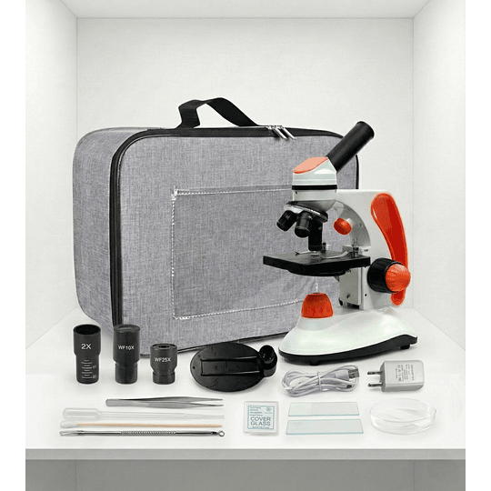 Microscopio Monocular Duo Educacional 40X-2000X, Bolso, cuerpo de metal, con kits y accesorios.