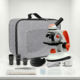 Microscopio Monocular Duo Educacional 40X-2000X, Bolso, cuerpo de metal, con kits y accesorios.