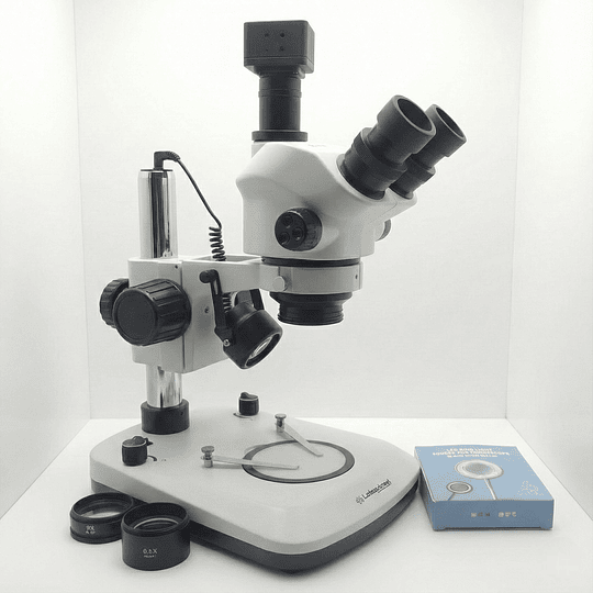 Microscopio Stereo Camara 5MP, Trinocular, 3.5x-100x Zoom, Led Transmitida e incidente , Barlow 0.5x - 2.0x, Simul Focal, Model TB