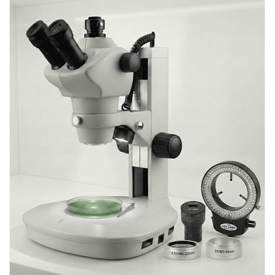 Microscopio Stereo Camara 4MP, Trinocular 4x-100x, Avanzado, Profesional, Zoom, Led Transmitida e incidente, Barlow 0.5x - 2.0x, Simul Focal, Model ST-1T