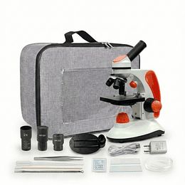 Microscopio Monocular Duo Educacional 40X-2000X, Bolso, cuerpo de metal, con kits y accesorios.
