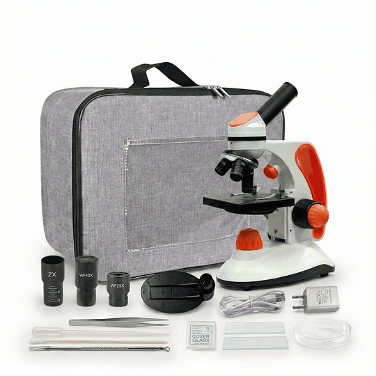 Microscopio Monocular Duo Educacional 40X-2000X, Bolso, cuerpo de metal, con kits y accesorios.