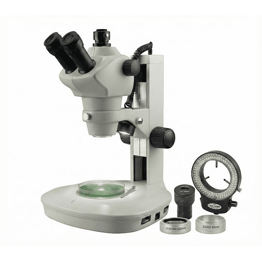 Microscopio Stereo Camara 4MP, Trinocular 4x-100x, Avanzado, Profesional, Zoom, Led Transmitida e incidente, Barlow 0.5x - 2.0x, Simul Focal, Model ST-1T