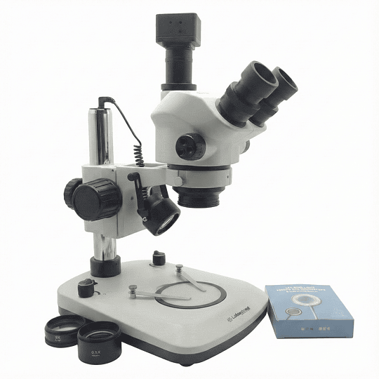 Microscopio Stereo Camara 5MP, Trinocular, 3.5x-100x Zoom, Led Transmitida e incidente , Barlow 0.5x - 2.0x, Simul Focal, Model TB