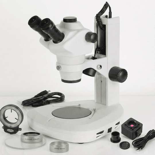 Microscopio Stereo Camara 4MP, Trinocular 4x-100x, Avanzado, Profesional, Zoom, Led Transmitida e incidente, Barlow 0.5x - 2.0x, Simul Focal, Model ST-1T