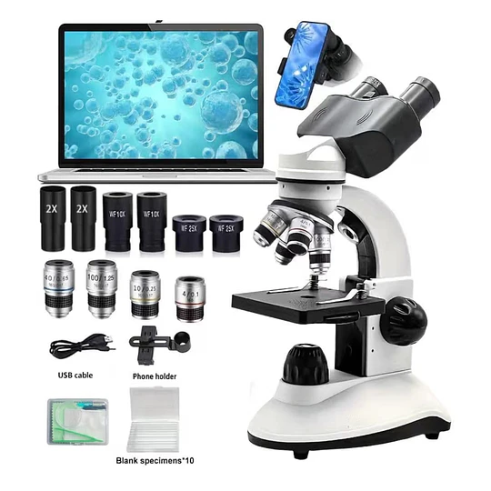 Microscopio Binocular Educacional, Dual, 40x-2500x, Led, Batería, Accesorios.