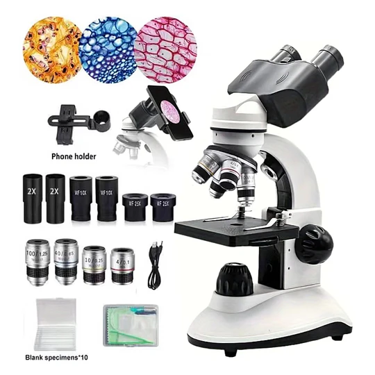 Microscopio Binocular Educacional, Dual, 40x-2500x, Led, Batería, Accesorios.