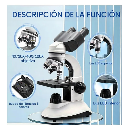 Microscopio Binocular Educacional, Dual, 40x-2500x, Led, Batería, Accesorios.