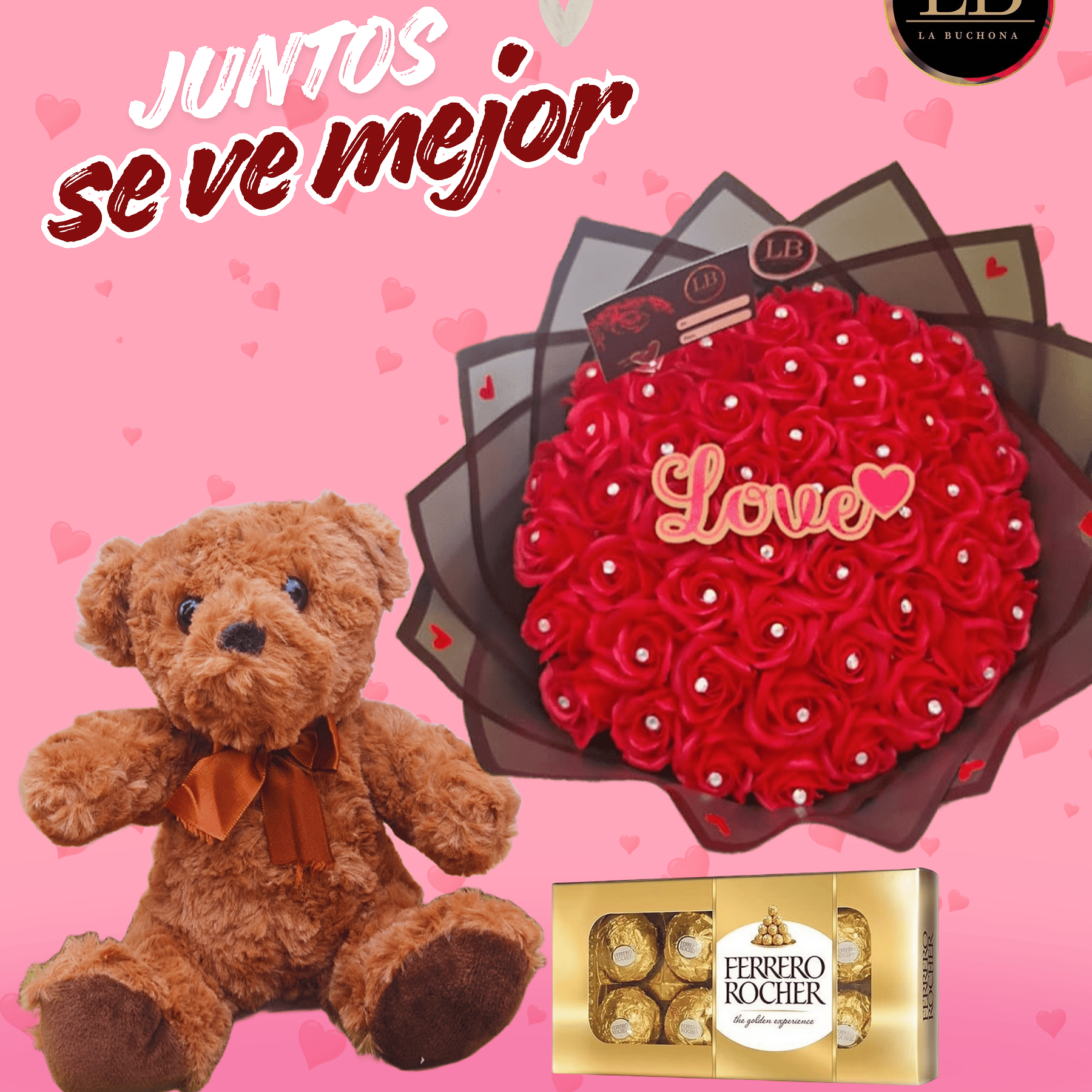 RAMO DE 50 ROSAS ETERNAS + OSITO + BOMBONES  1