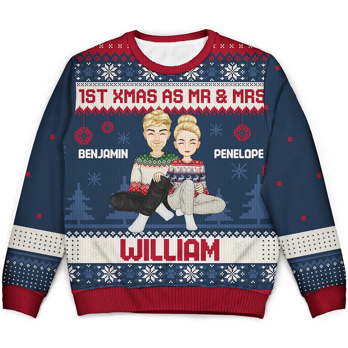 1st Xmas As Mr & Mrs Cartoon Couple - Personalized Unisex Ugly Sweater 1