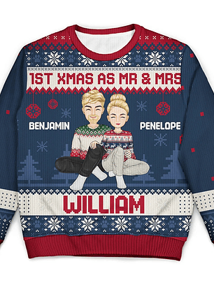 1st Xmas As Mr & Mrs Cartoon Couple - Personalized Unisex Ugly Sweater