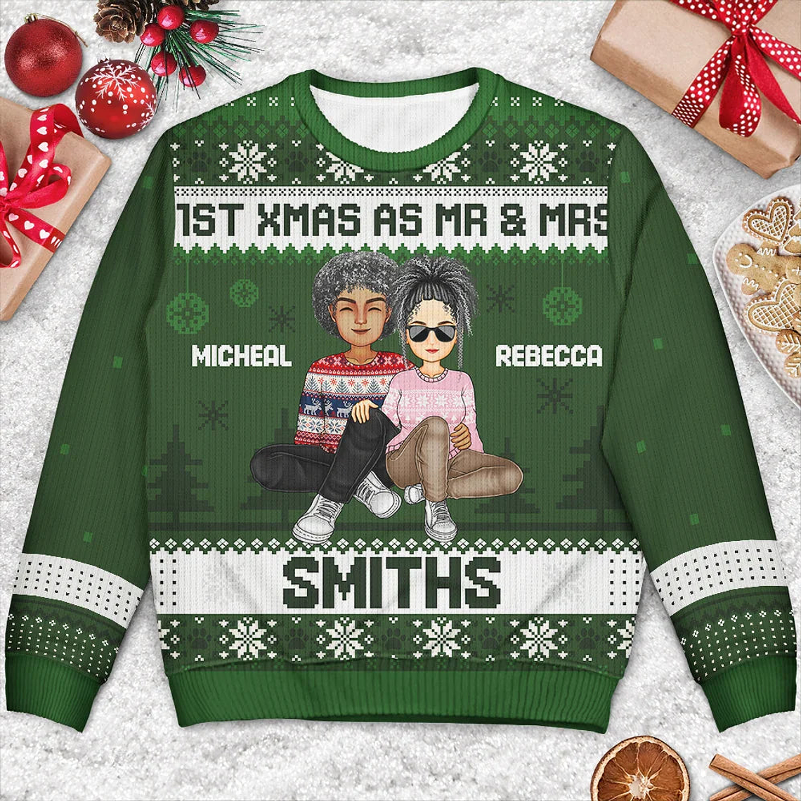 1st Xmas As Mr & Mrs Cartoon Couple - Personalized Unisex Ugly Sweater 3