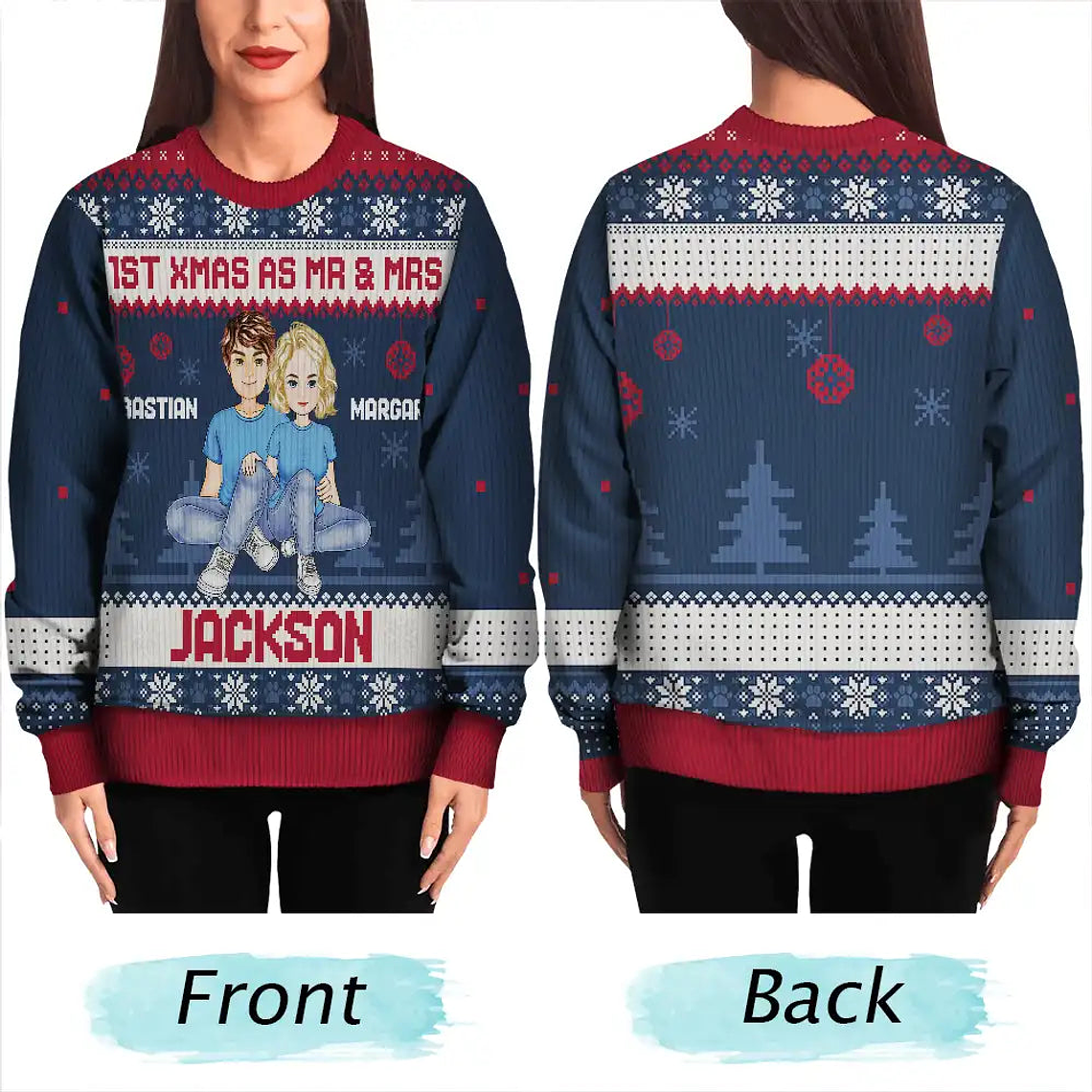 1st Xmas As Mr & Mrs Cartoon Couple - Personalized Unisex Ugly Sweater 5
